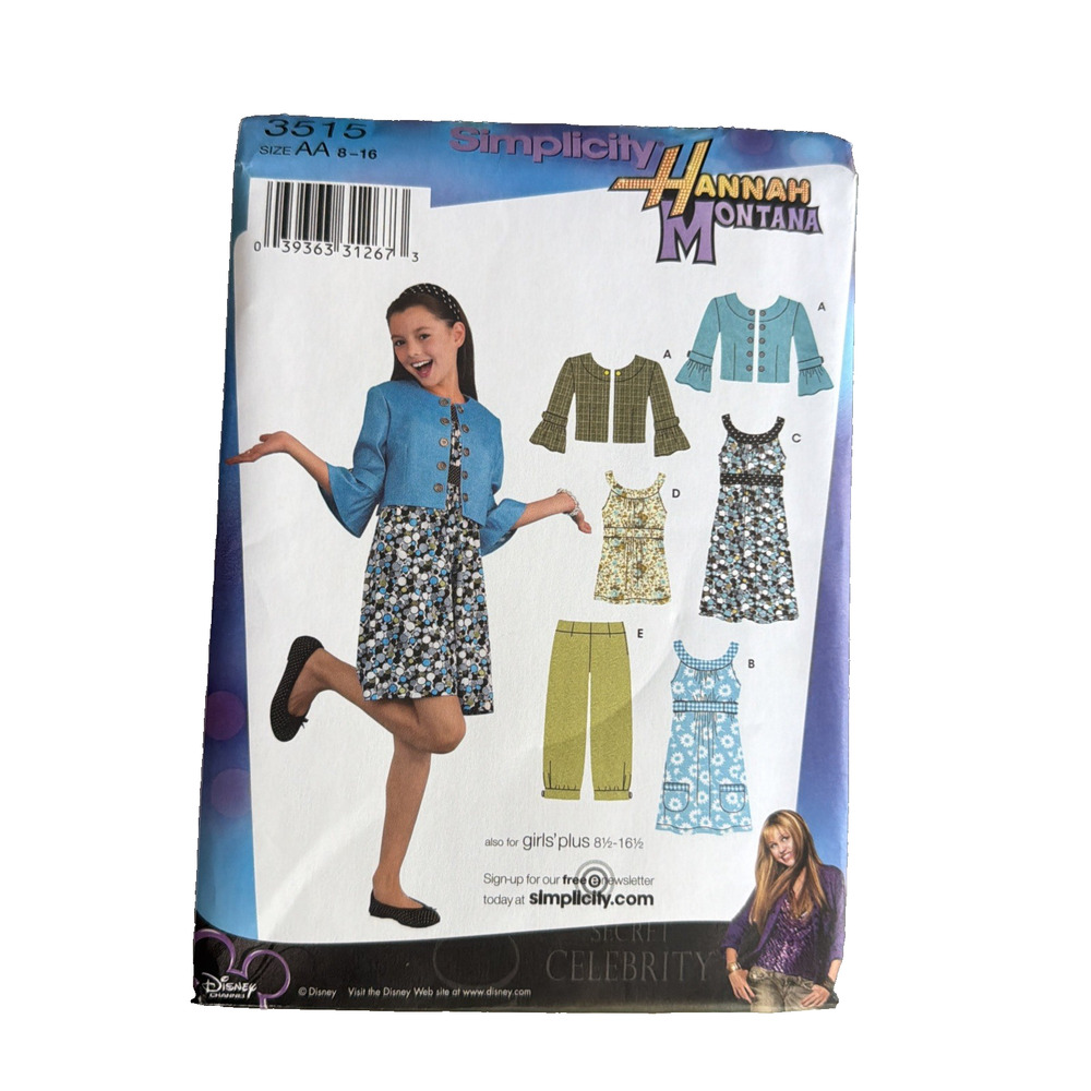 Simplicity 3515 Disney Hannah Montana girls clothing pattern size AA 8-16 Sewing